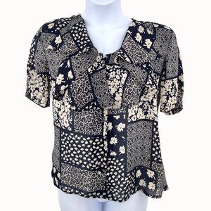 Vintage Fritz & Lloyd Floral Patchwork Blouse Navy Beige Short Slv Ruffle Front